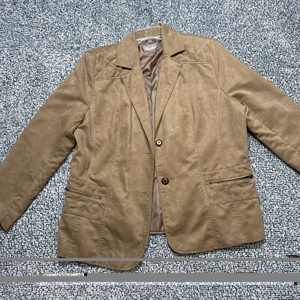 Tanjay Faux Suede Jacket Size 16 Tan Camel Quilted Shoulder Blazer Button Front